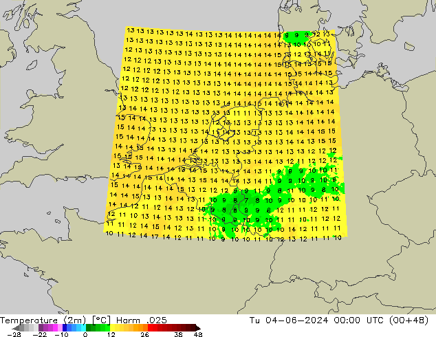 Temperatuurkaart (2m) Harm .025 di 04.06.2024 00 UTC