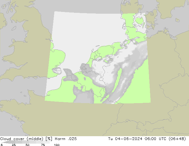 Cloud cover (middle) Harm .025 Tu 04.06.2024 06 UTC