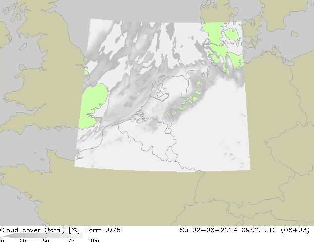Cloud cover (total) Harm .025 Su 02.06.2024 09 UTC