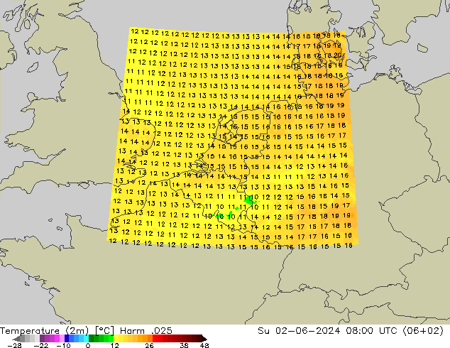 Temperaturkarte (2m) Harm .025 So 02.06.2024 08 UTC