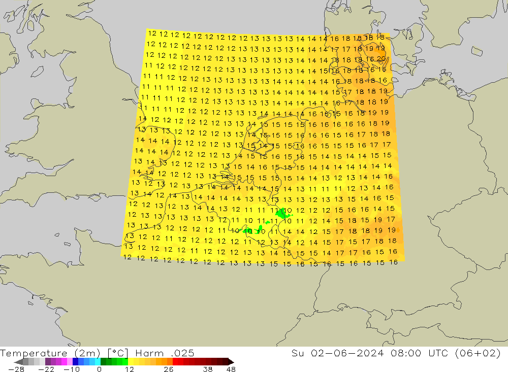 Temperaturkarte (2m) Harm .025 So 02.06.2024 08 UTC