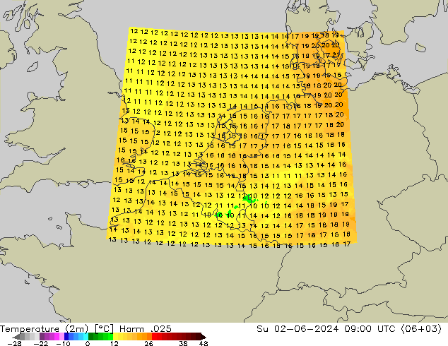 Temperaturkarte (2m) Harm .025 So 02.06.2024 09 UTC