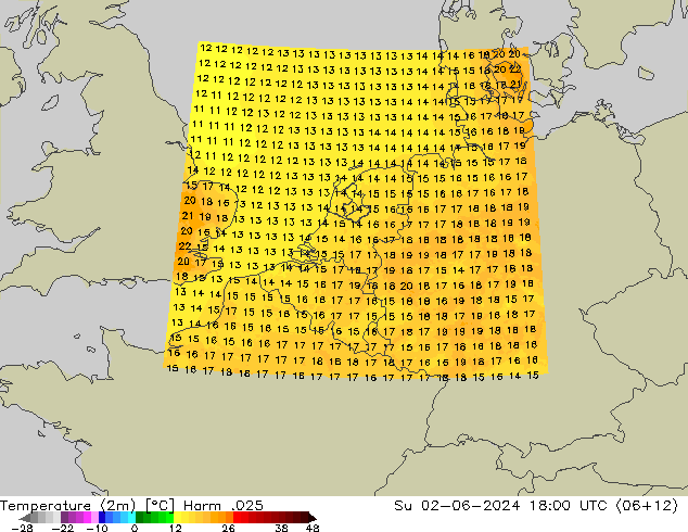 Temperature (2m) Harm .025 Su 02.06.2024 18 UTC