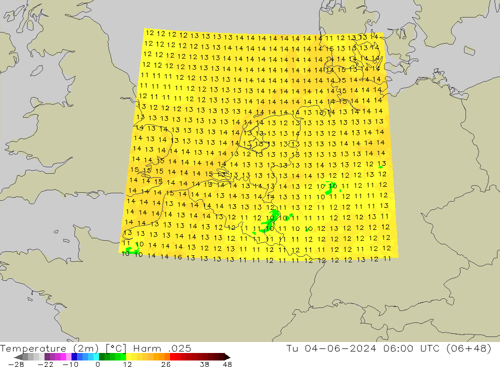mapa temperatury (2m) Harm .025 wto. 04.06.2024 06 UTC