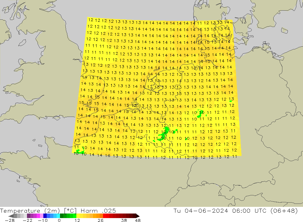 Temperature (2m) Harm .025 Tu 04.06.2024 06 UTC