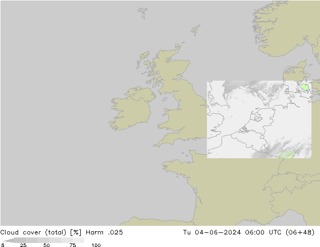 Bewolking (Totaal) Harm .025 di 04.06.2024 06 UTC