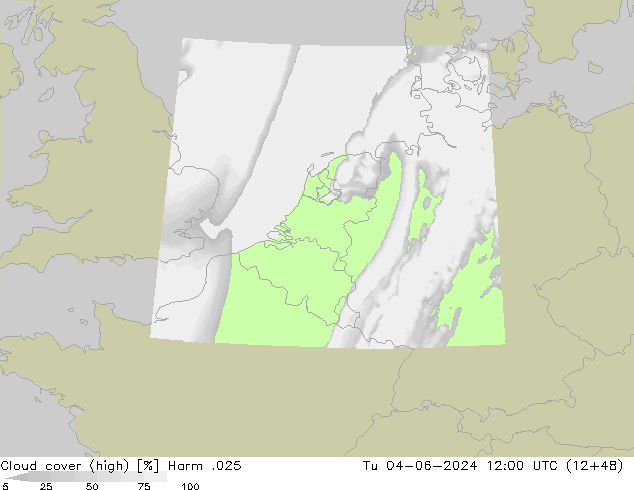 Cloud cover (high) Harm .025 Tu 04.06.2024 12 UTC