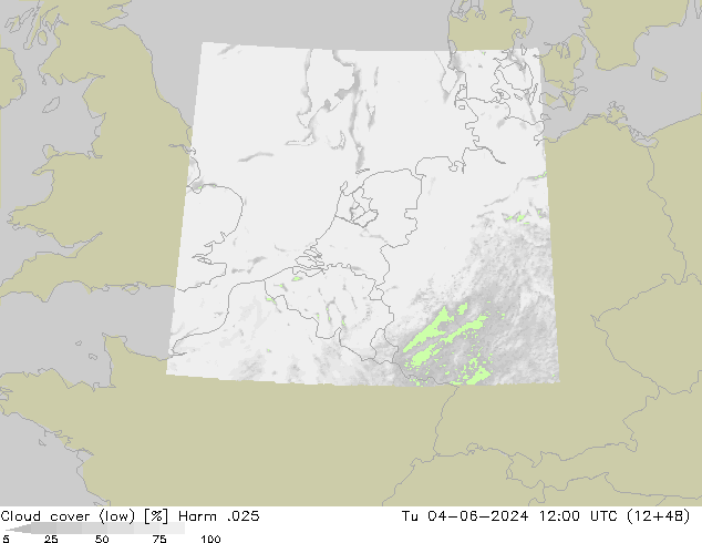 Cloud cover (low) Harm .025 Tu 04.06.2024 12 UTC