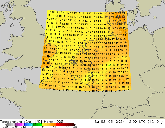 Temperaturkarte (2m) Harm .025 So 02.06.2024 13 UTC