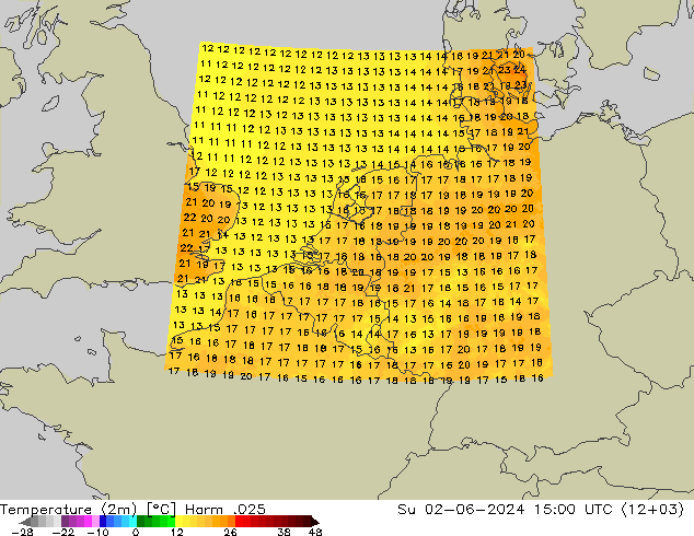 Temperaturkarte (2m) Harm .025 So 02.06.2024 15 UTC