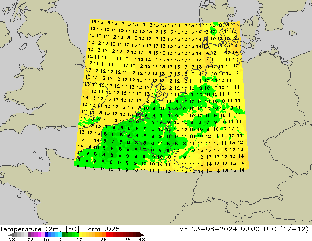Temperatuurkaart (2m) Harm .025 ma 03.06.2024 00 UTC