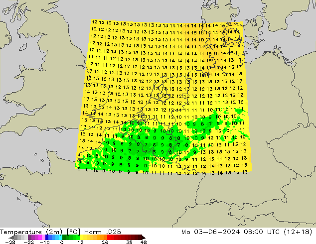 mapa temperatury (2m) Harm .025 pon. 03.06.2024 06 UTC