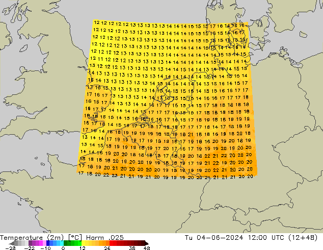 mapa temperatury (2m) Harm .025 wto. 04.06.2024 12 UTC