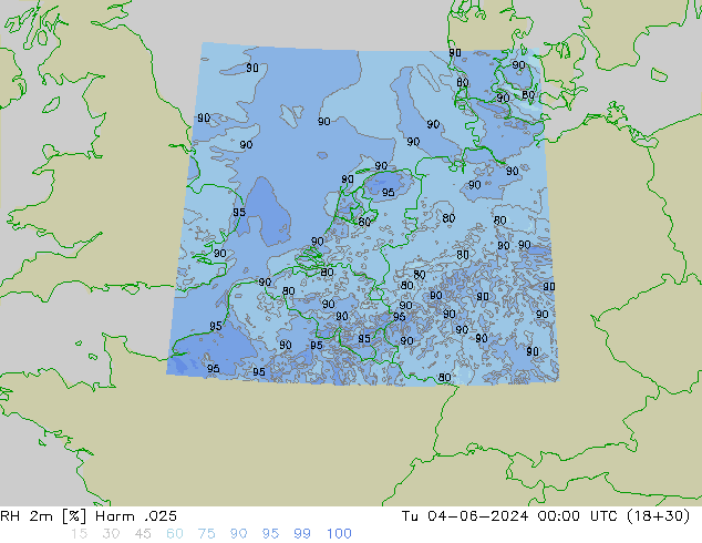 Humedad rel. 2m Harm .025 mar 04.06.2024 00 UTC