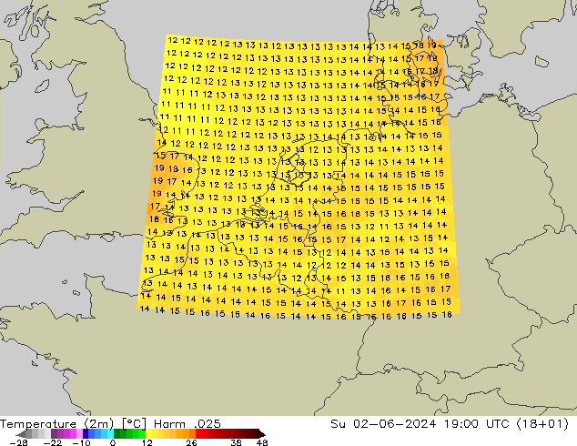 Temperatura (2m) Harm .025 dom 02.06.2024 19 UTC