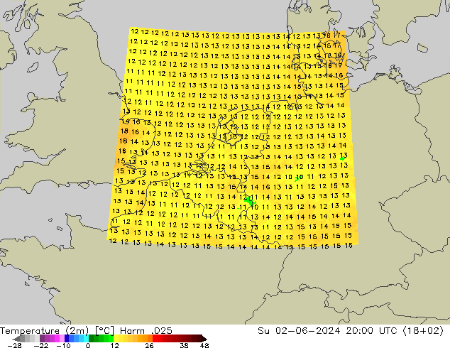 Temperatura (2m) Harm .025 Dom 02.06.2024 20 UTC