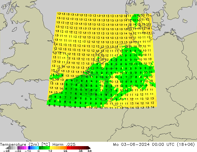 Temperaturkarte (2m) Harm .025 Mo 03.06.2024 00 UTC