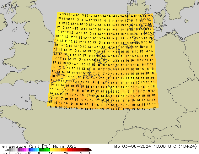 Temperatuurkaart (2m) Harm .025 ma 03.06.2024 18 UTC