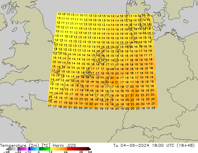 Temperatuurkaart (2m) Harm .025 di 04.06.2024 18 UTC