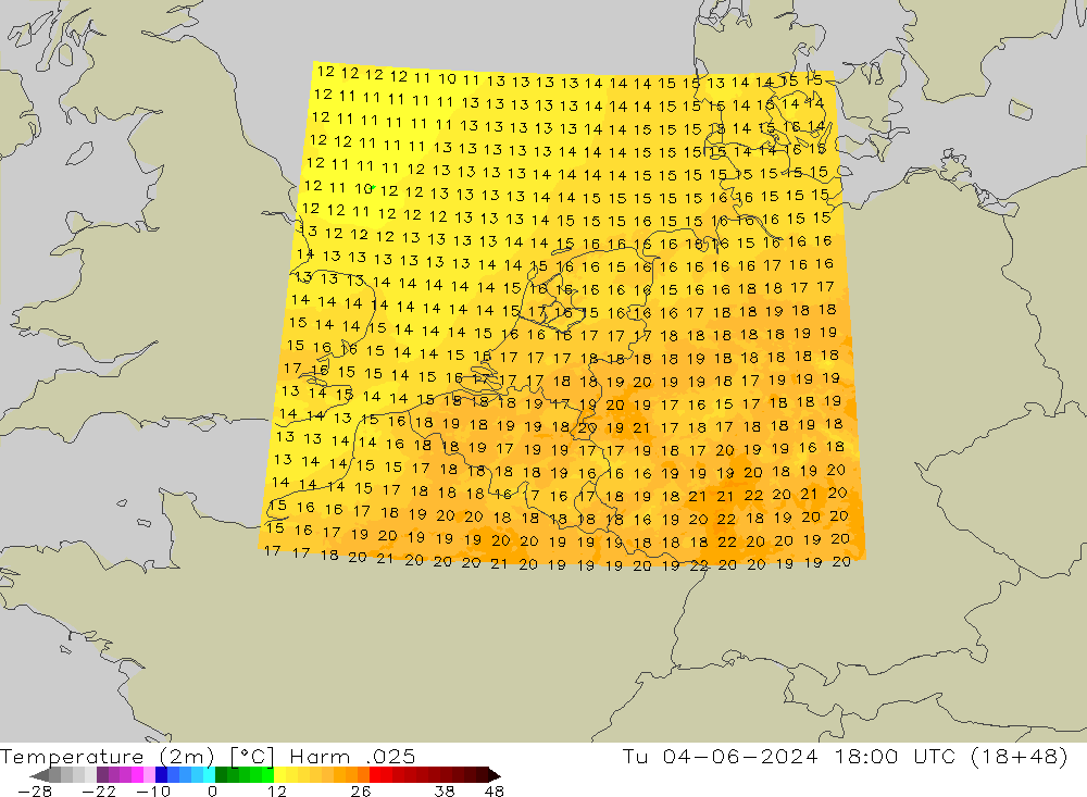 Temperature (2m) Harm .025 Tu 04.06.2024 18 UTC