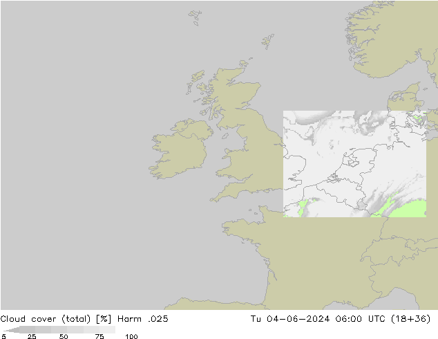 Cloud cover (total) Harm .025 Tu 04.06.2024 06 UTC