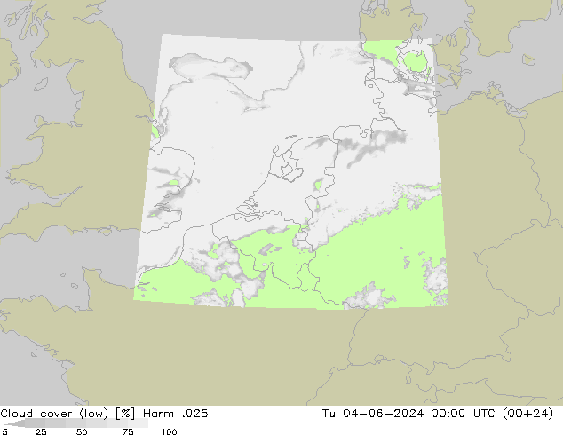 Cloud cover (low) Harm .025 Tu 04.06.2024 00 UTC