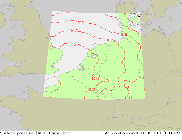 地面气压 Harm .025 星期一 03.06.2024 18 UTC