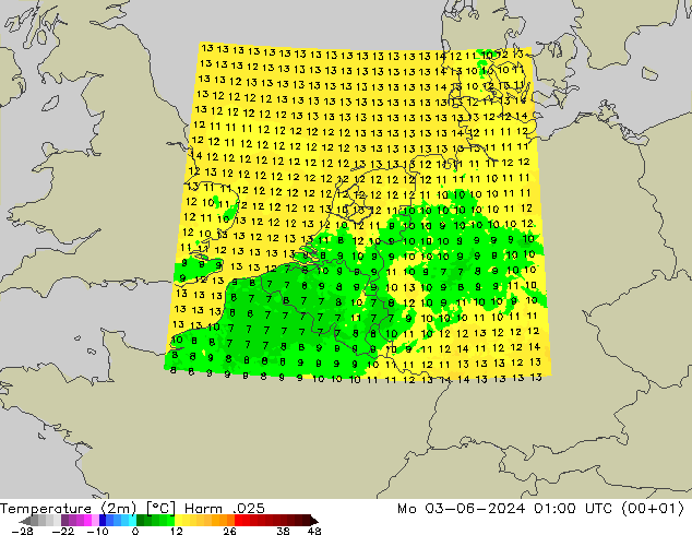 Temperatuurkaart (2m) Harm .025 ma 03.06.2024 01 UTC