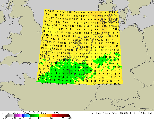 Temperaturkarte (2m) Harm .025 Mo 03.06.2024 06 UTC