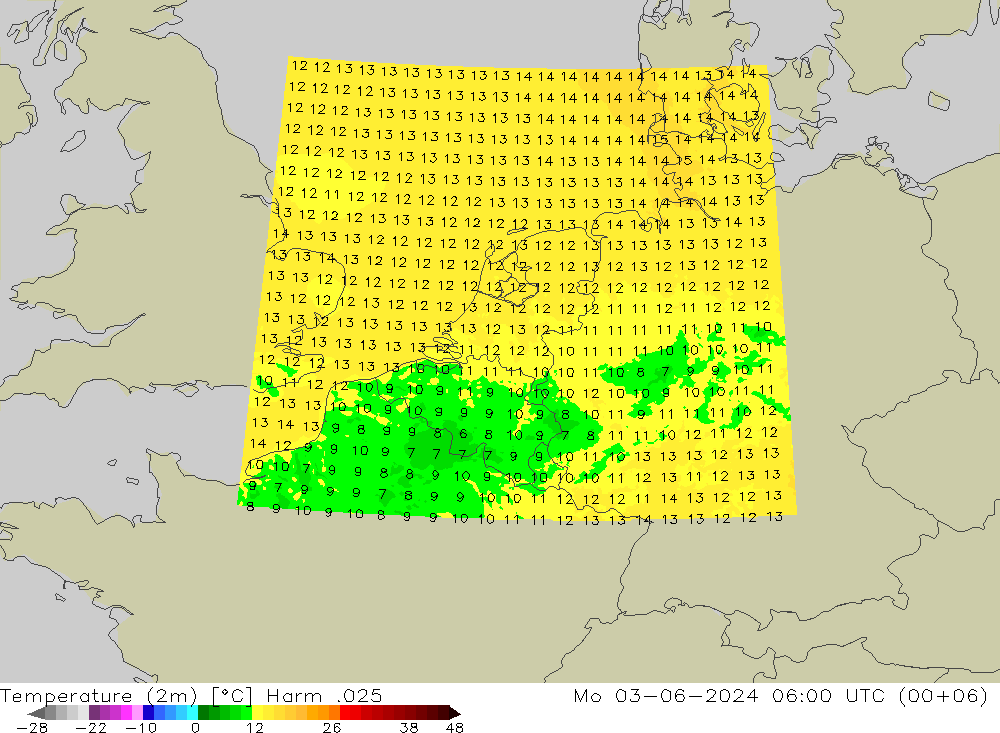 Temperaturkarte (2m) Harm .025 Mo 03.06.2024 06 UTC