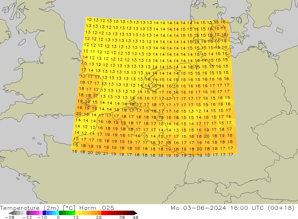 Temperatuurkaart (2m) Harm .025 ma 03.06.2024 18 UTC