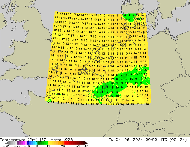 Temperature (2m) Harm .025 Tu 04.06.2024 00 UTC