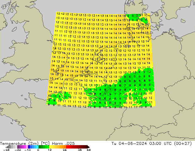 Temperature (2m) Harm .025 Tu 04.06.2024 03 UTC