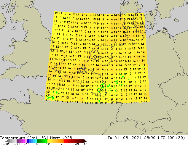 Temperature (2m) Harm .025 Tu 04.06.2024 06 UTC