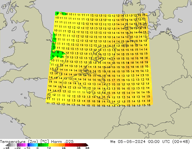 Temperaturkarte (2m) Harm .025 Mi 05.06.2024 00 UTC