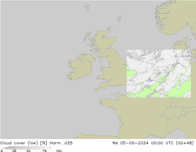 Cloud cover (low) Harm .025 We 05.06.2024 00 UTC