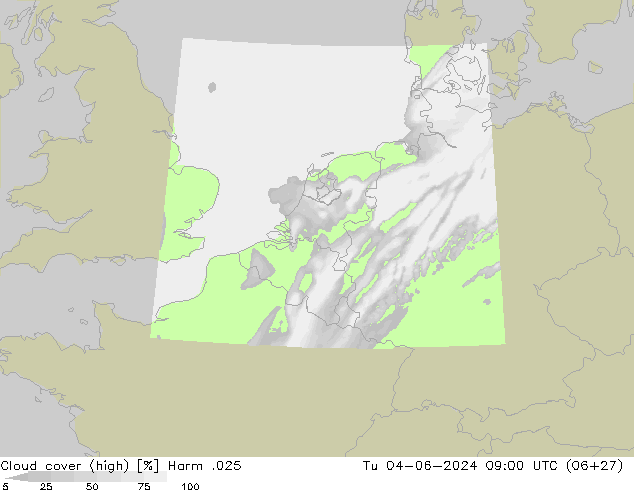 Cloud cover (high) Harm .025 Tu 04.06.2024 09 UTC