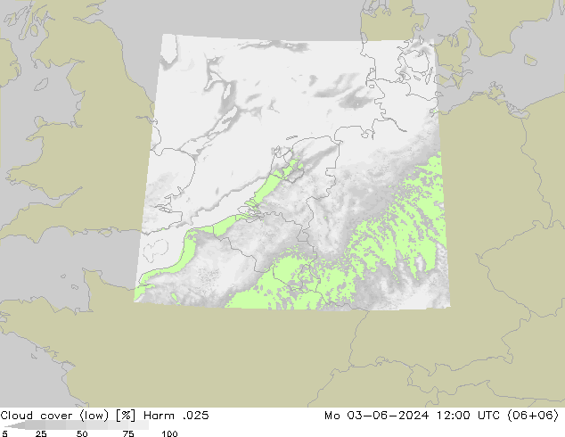 Cloud cover (low) Harm .025 Mo 03.06.2024 12 UTC