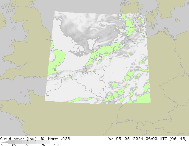 Cloud cover (low) Harm .025 We 05.06.2024 06 UTC