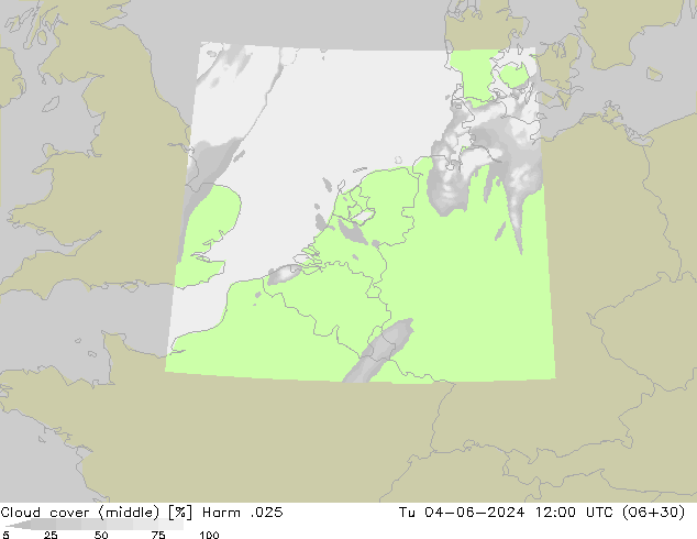 Cloud cover (middle) Harm .025 Tu 04.06.2024 12 UTC
