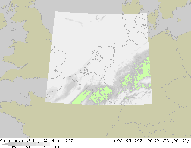 Cloud cover (total) Harm .025 Mo 03.06.2024 09 UTC