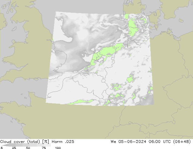 Cloud cover (total) Harm .025 St 05.06.2024 06 UTC