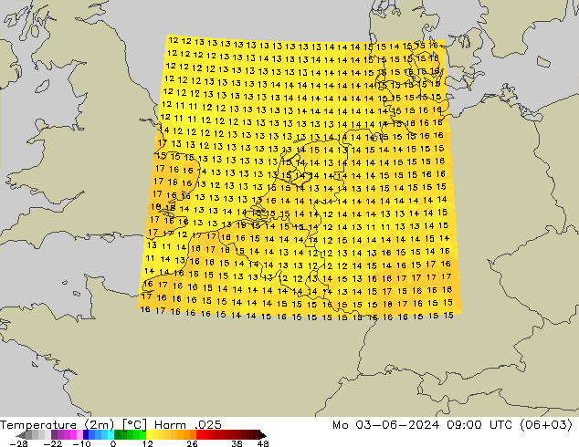 Sıcaklık Haritası (2m) Harm .025 Pzt 03.06.2024 09 UTC