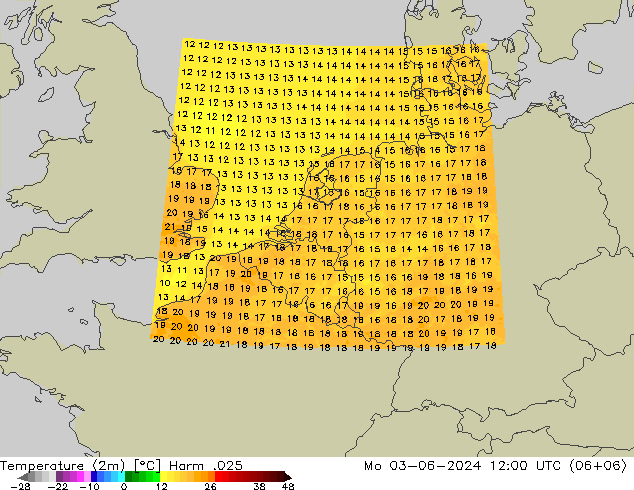 Temperaturkarte (2m) Harm .025 Mo 03.06.2024 12 UTC
