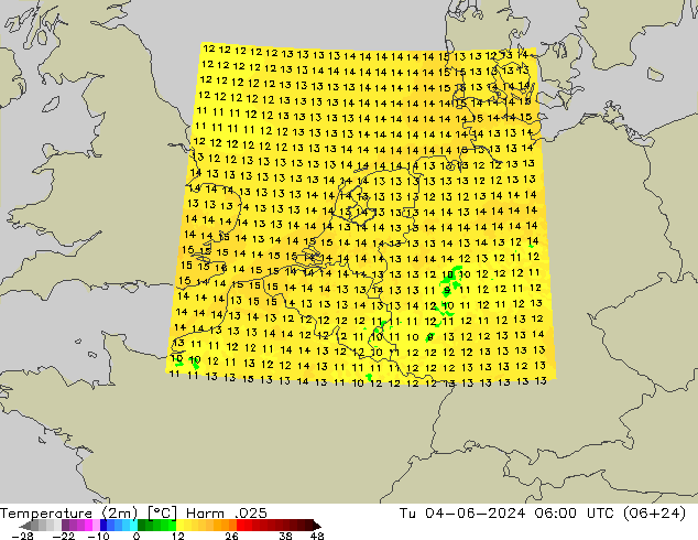 Temperaturkarte (2m) Harm .025 Di 04.06.2024 06 UTC