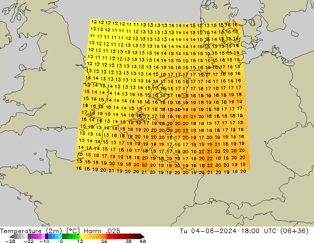 Temperature (2m) Harm .025 Út 04.06.2024 18 UTC