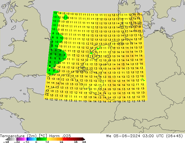Temperaturkarte (2m) Harm .025 Mi 05.06.2024 03 UTC