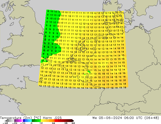 Temperaturkarte (2m) Harm .025 Mi 05.06.2024 06 UTC