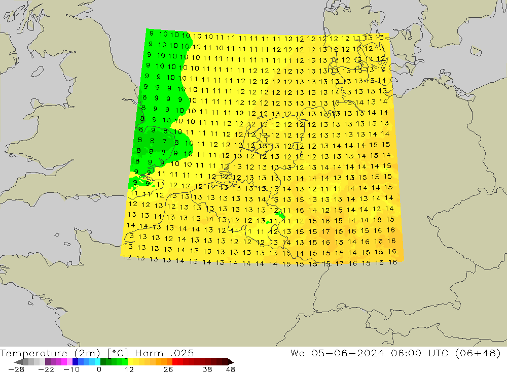 Temperaturkarte (2m) Harm .025 Mi 05.06.2024 06 UTC