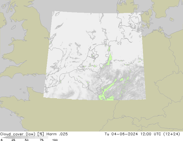 Cloud cover (low) Harm .025 Tu 04.06.2024 12 UTC